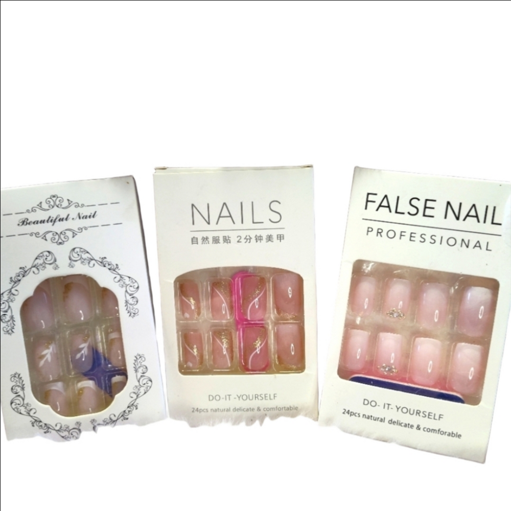 Pack of 3 medium square pink gold glitter rhinestone false nails NWT